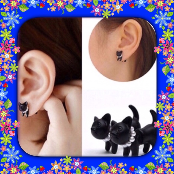 Black Cat Double Stud Earrings - Picture 3 of 8